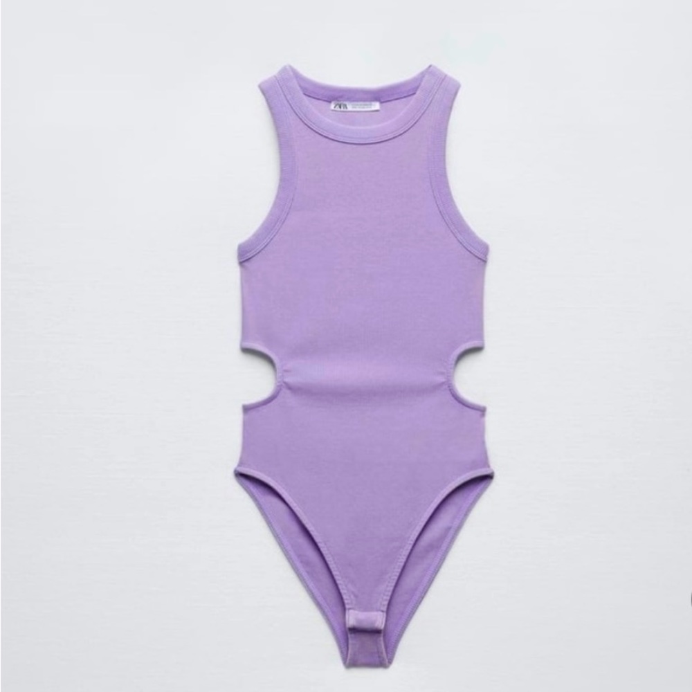Zara Cut Out Rib Lilac Bodysuit Size S NWT